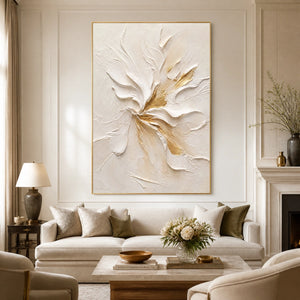 Ivory Bloom Relief in a refined living room with gold frame