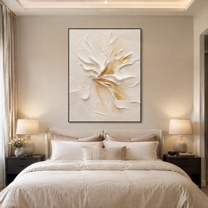 Ivory Bloom Relief in a refined bedroom with black frame