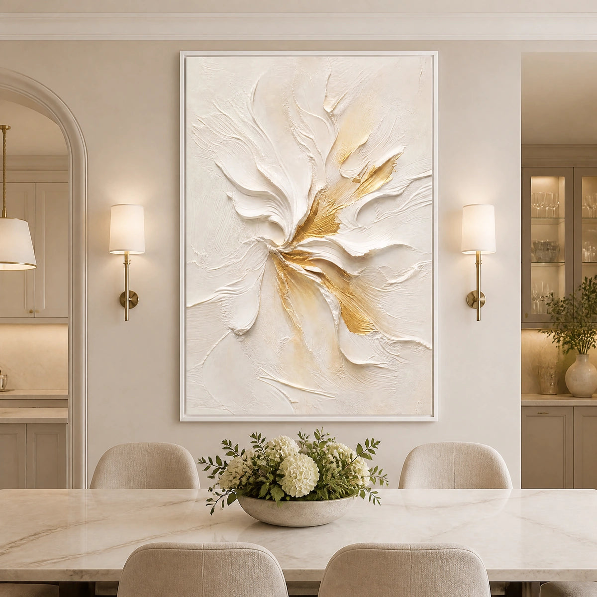 Ivory Bloom Relief in a refined dining room with white frame