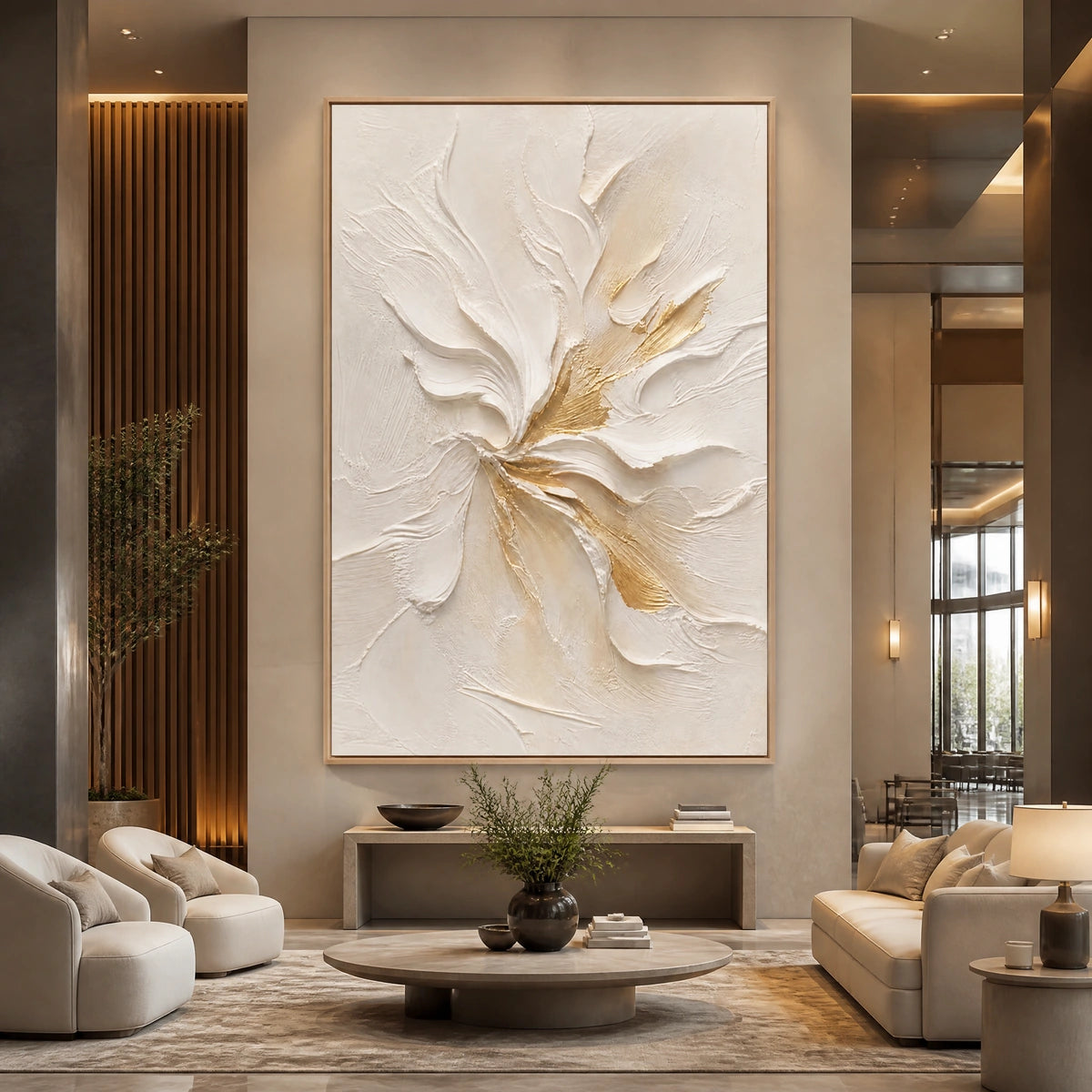 Ivory Bloom Relief in a refined hotel interior with wood frame