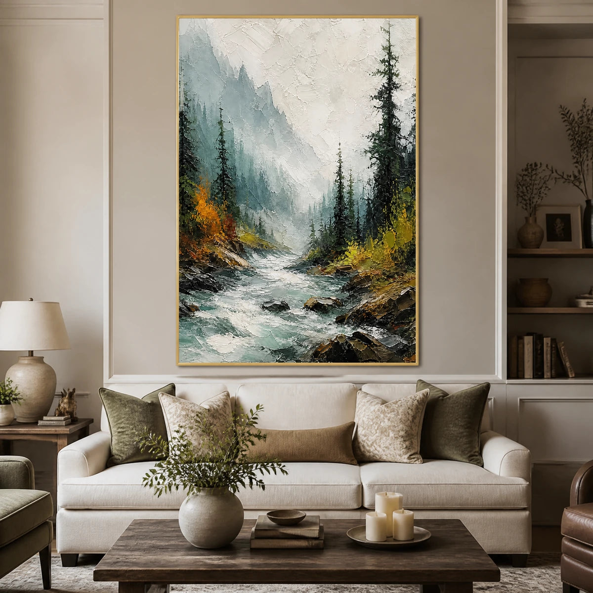 Evergreen Rush in a refined living room with gold frame