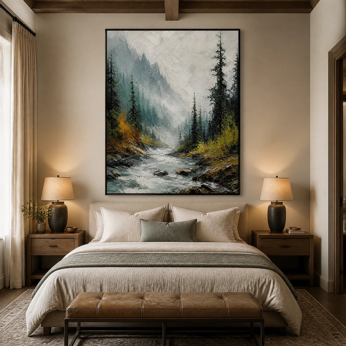 Evergreen Rush in a refined bedroom with black frame