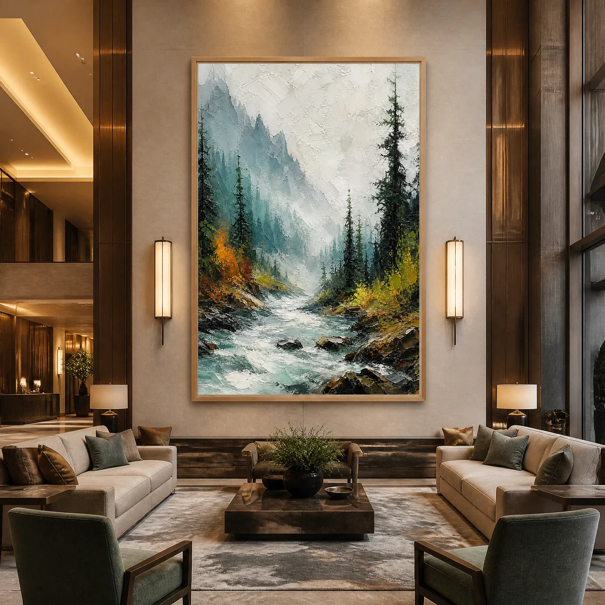 Evergreen Rush in a refined hotel interior with wood frame