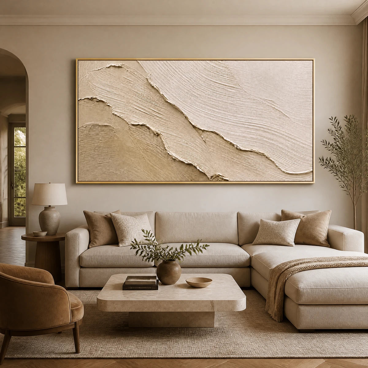 Sandstone Tide in a refined living room with gold frame