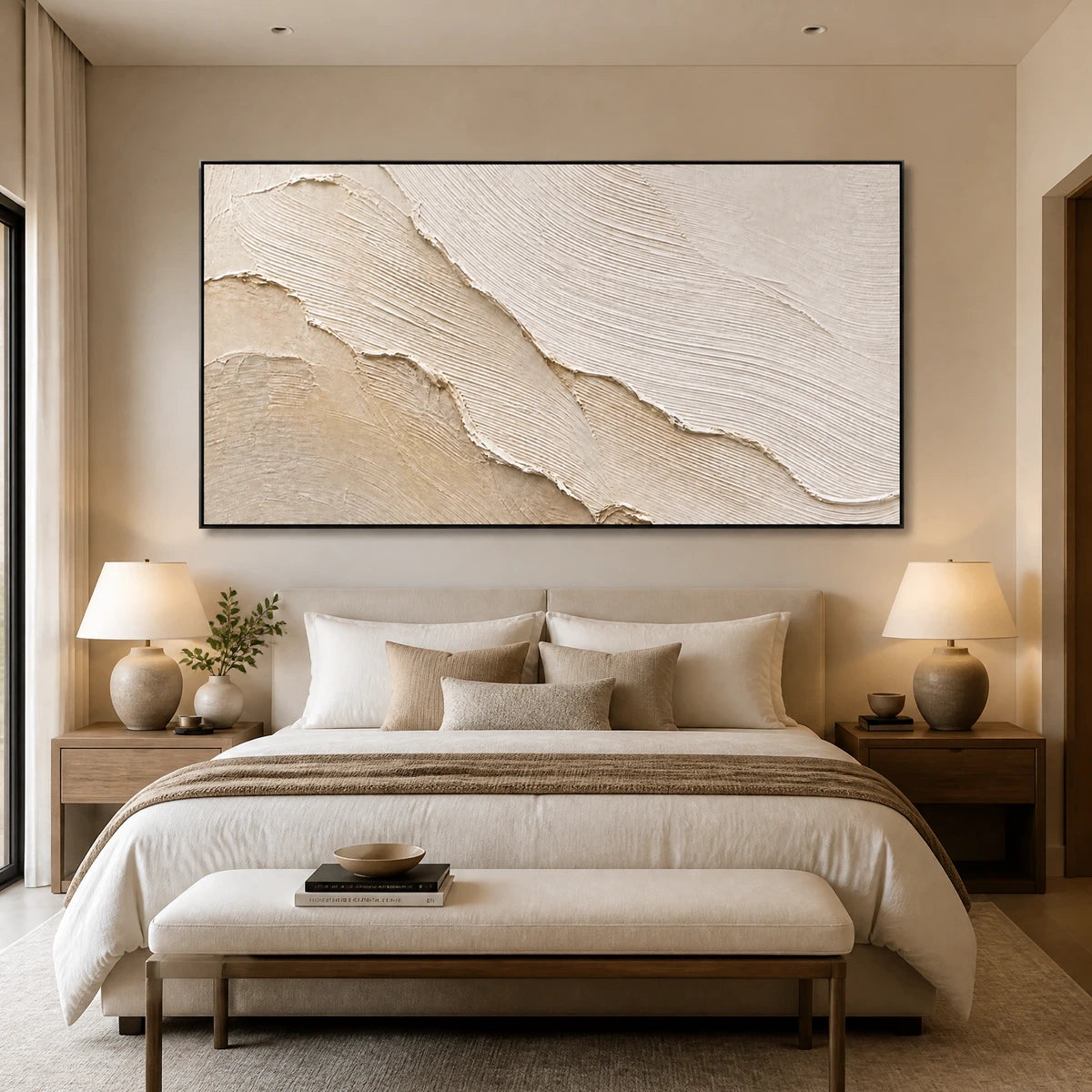 Sandstone Tide in a refined bedroom with black frame