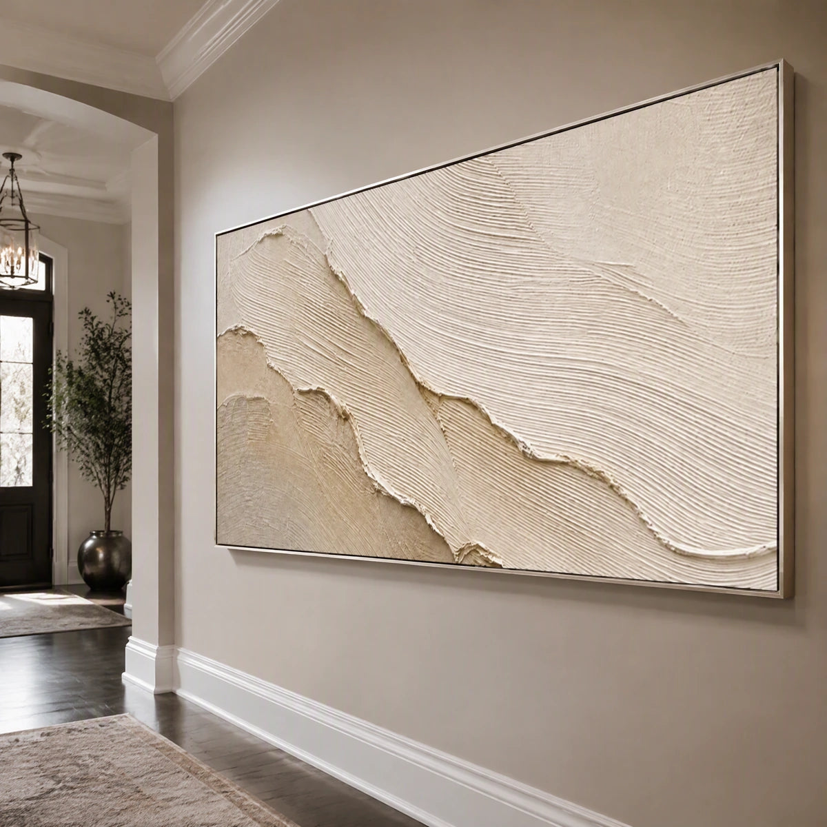 Sandstone Tide in a refined entry hall with silver frame
