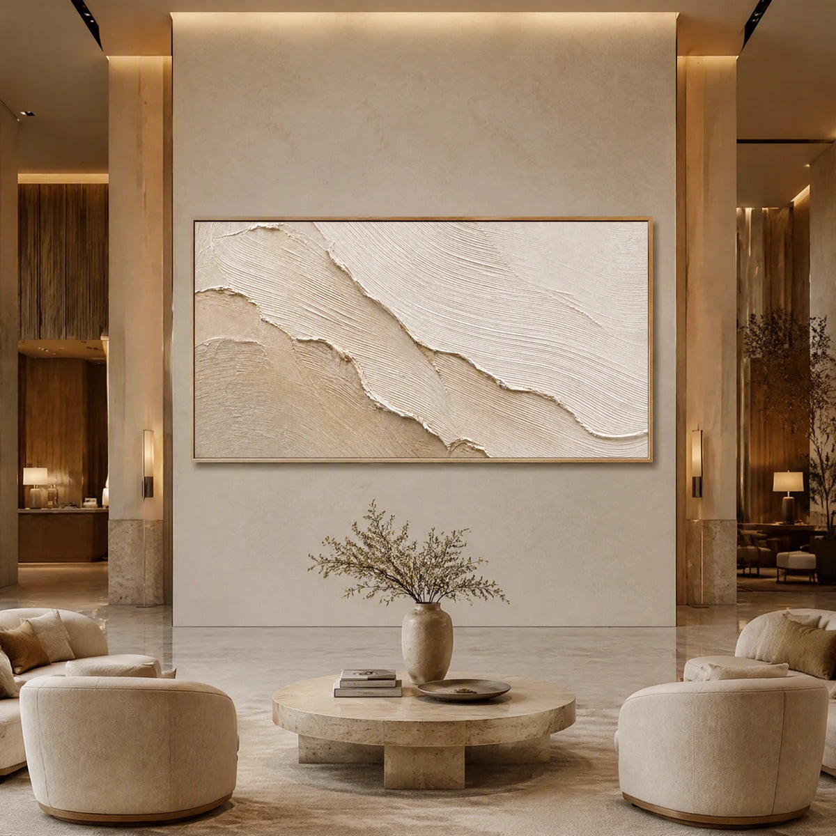 Sandstone Tide in a refined hotel interior with wood frame