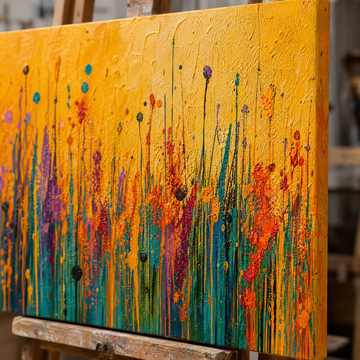 Close-up detail of Meadow Embers showing hand-painted texture and part of the frame