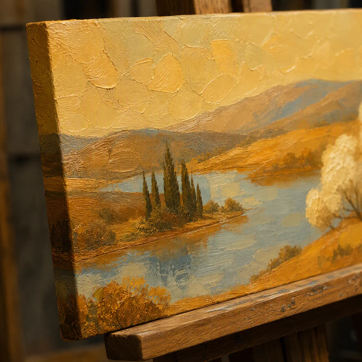 Close-up detail of Golden Valley Water showing hand-painted texture and part of the frame