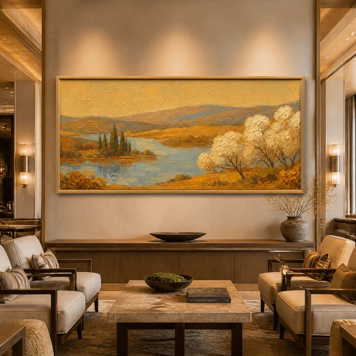 Golden Valley Water in a refined hotel interior with wood frame