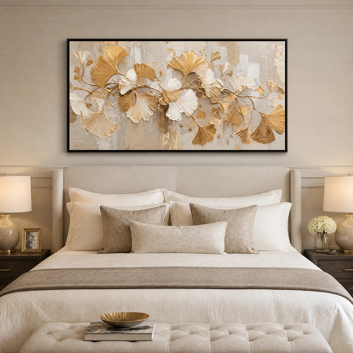 Petal Relic in a refined bedroom with black frame