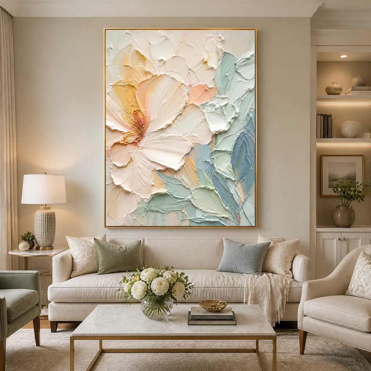 Pastel Magnolia in a refined living room with gold frame