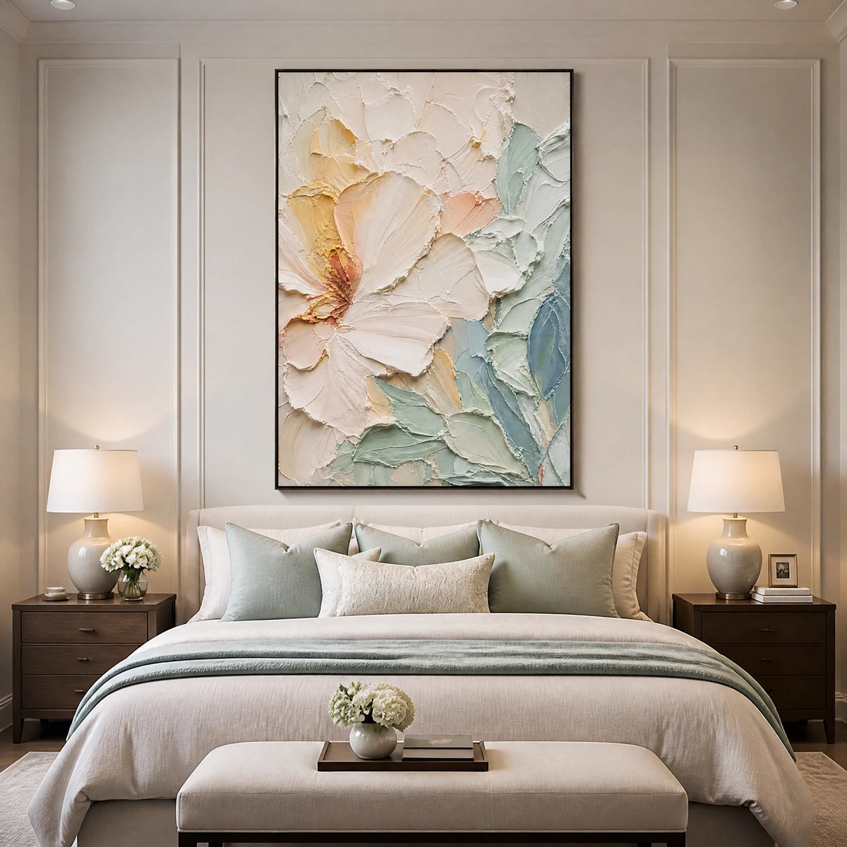 Pastel Magnolia in a refined bedroom with black frame