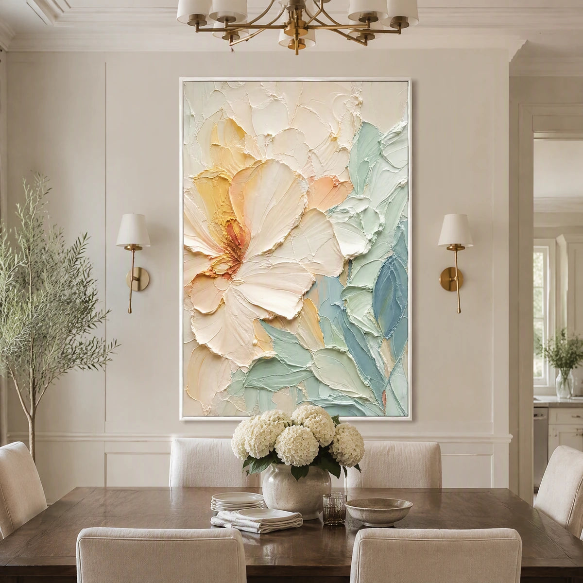 Pastel Magnolia in a refined dining room with white frame