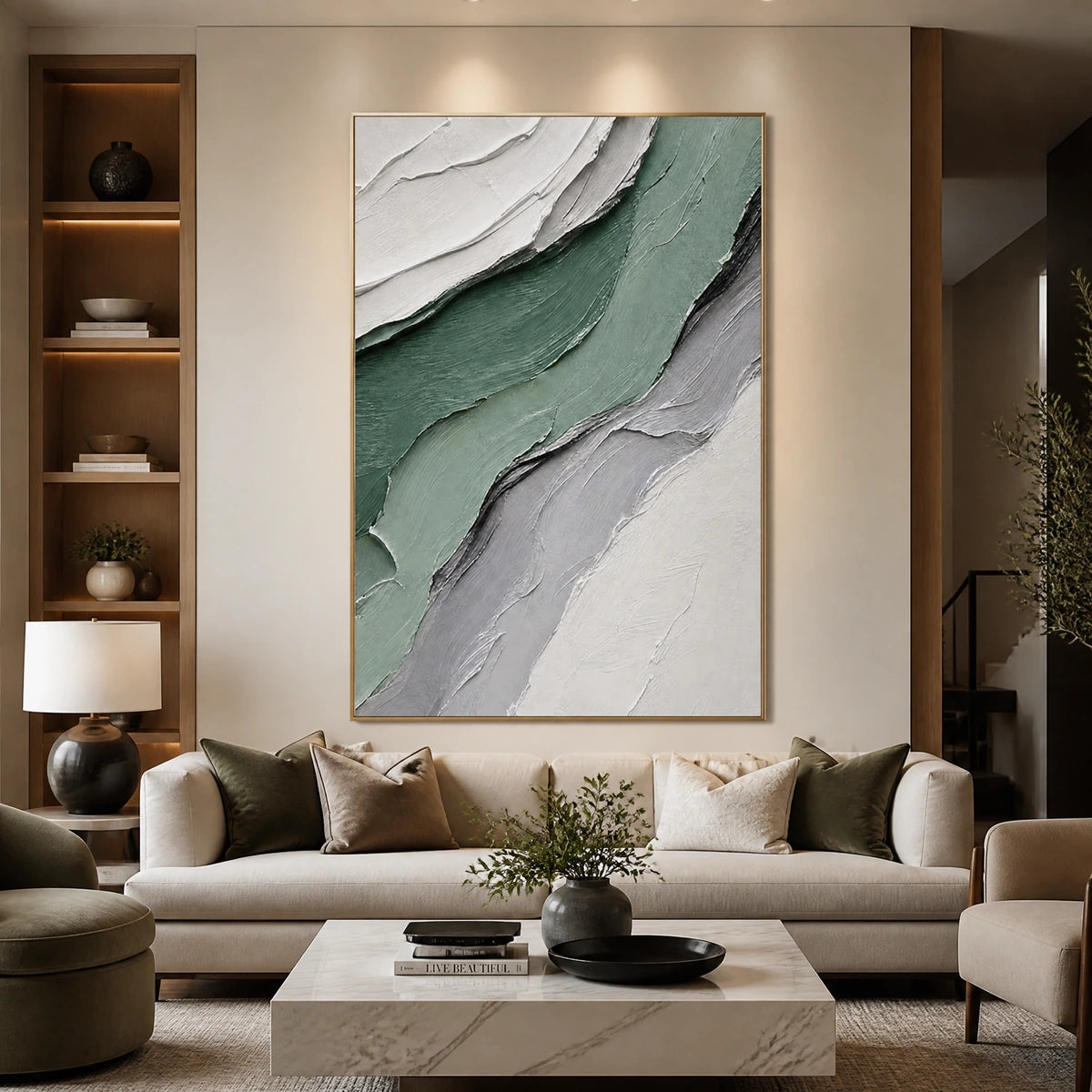Jade Strata in a refined living room with gold frame