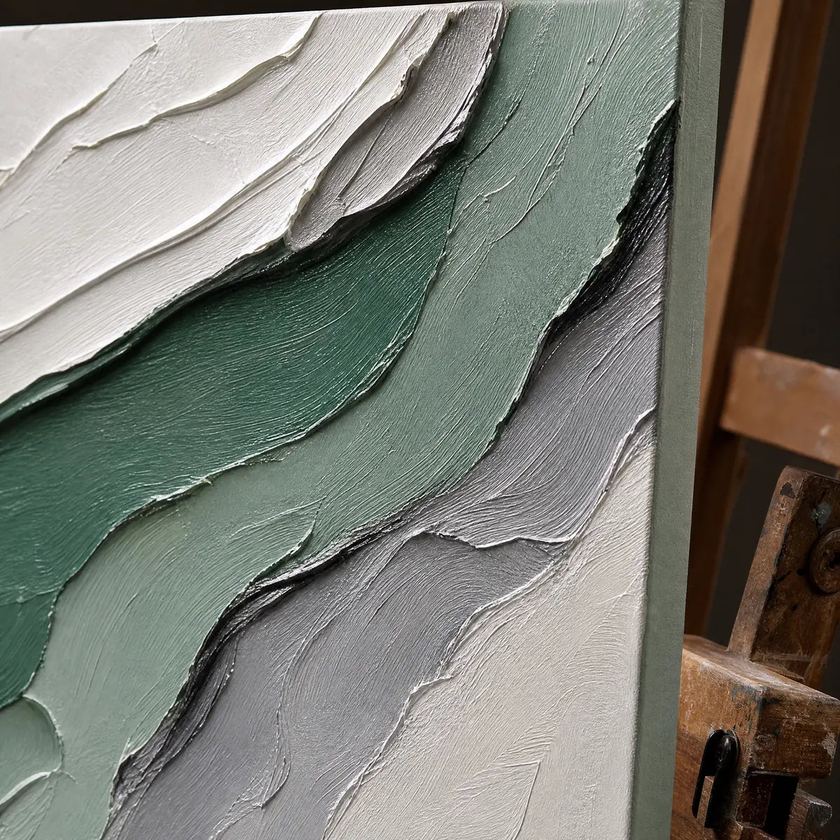 Close-up detail of Jade Strata showing hand-painted texture and part of the frame