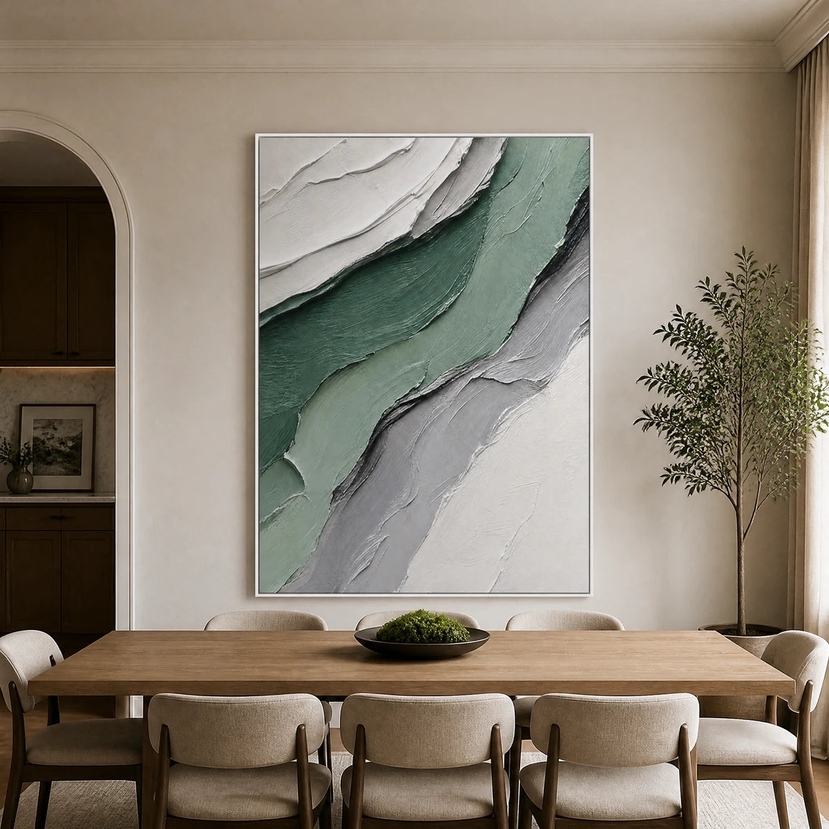 Jade Strata in a refined dining room with white frame