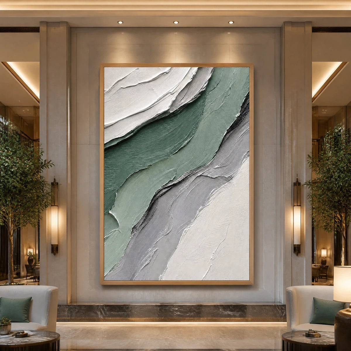 Jade Strata in a refined hotel interior with wood frame