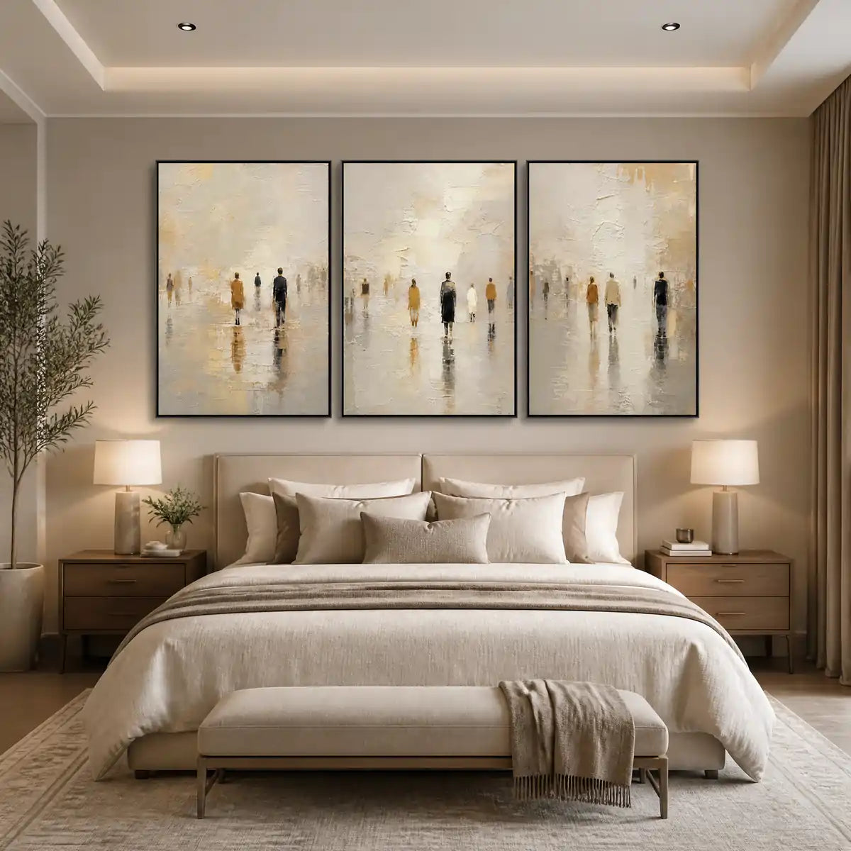 Distant Gathering in a refined bedroom with black frame