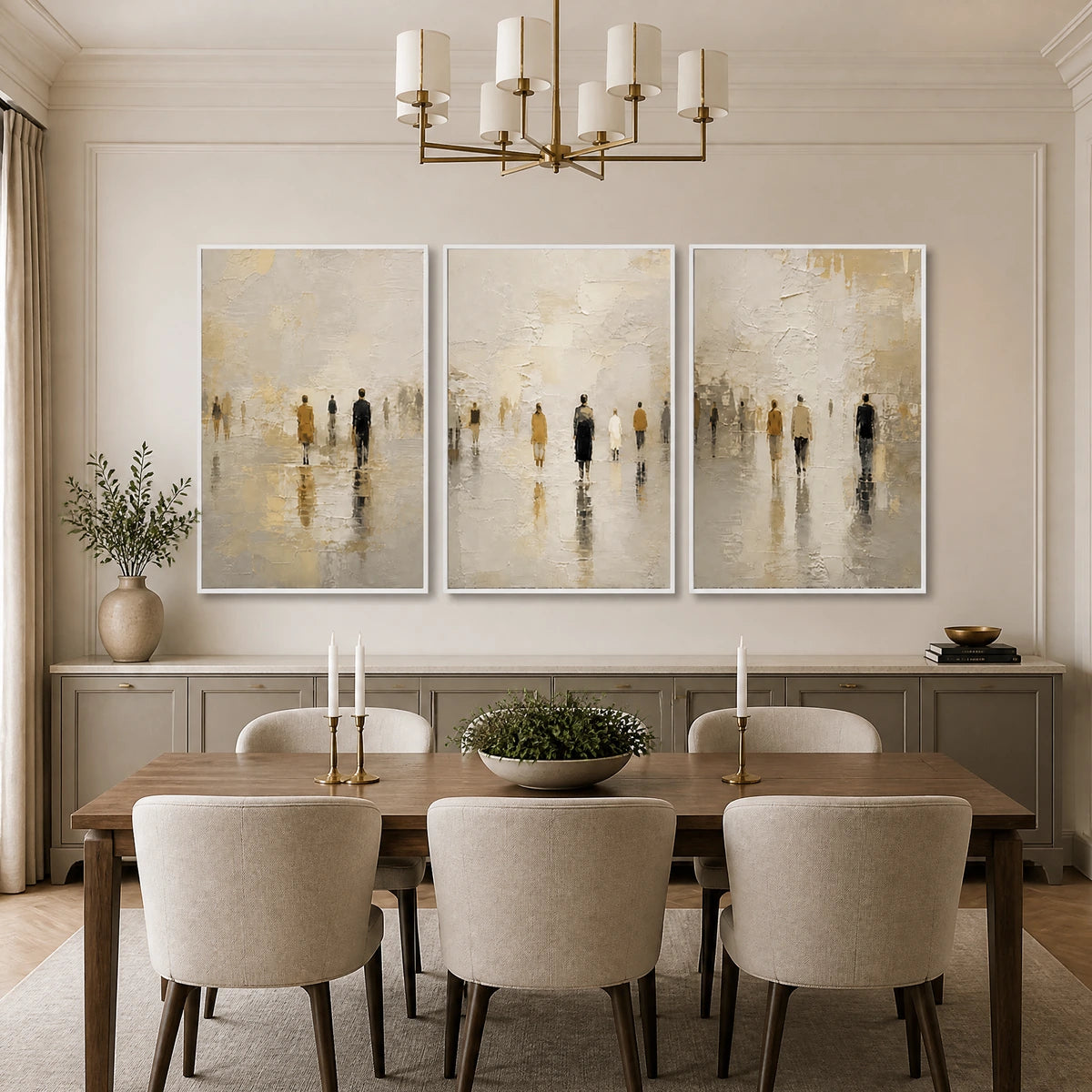 Distant Gathering in a refined dining room with white frame