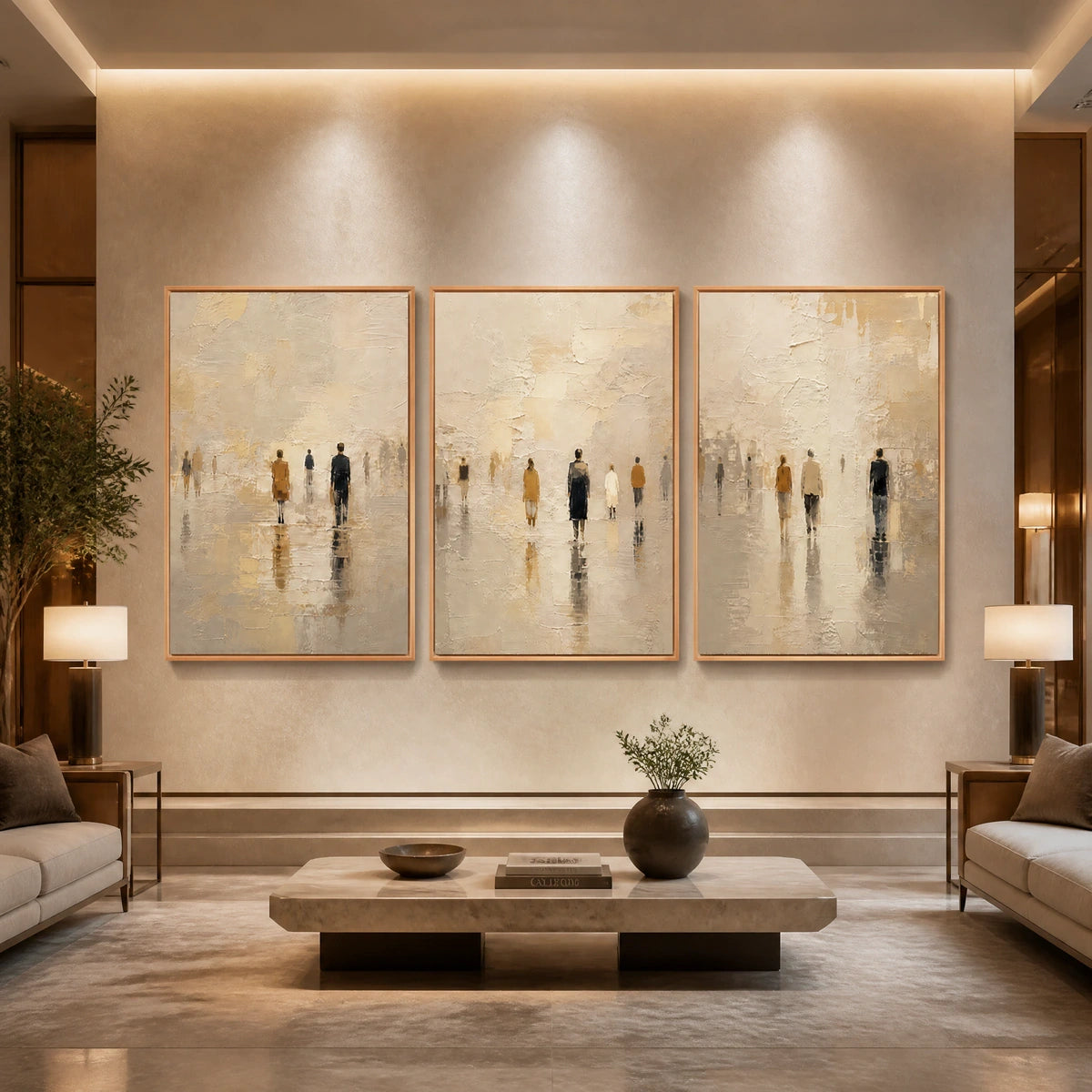 Distant Gathering in a refined hotel interior with wood frame