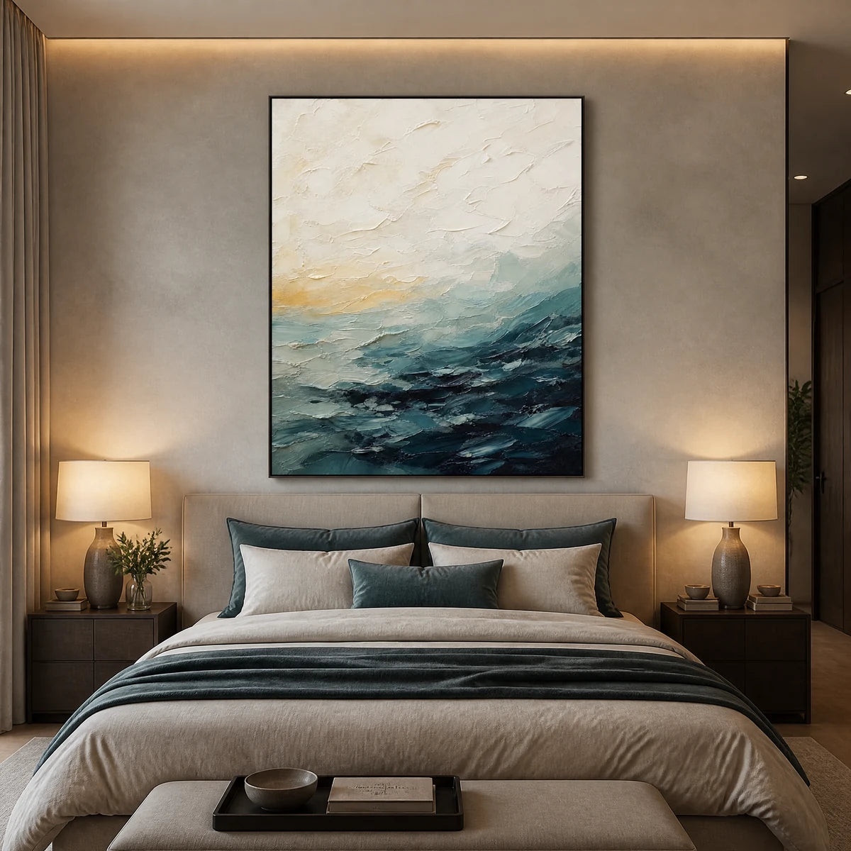 Deep Water Rise in a refined bedroom with black frame