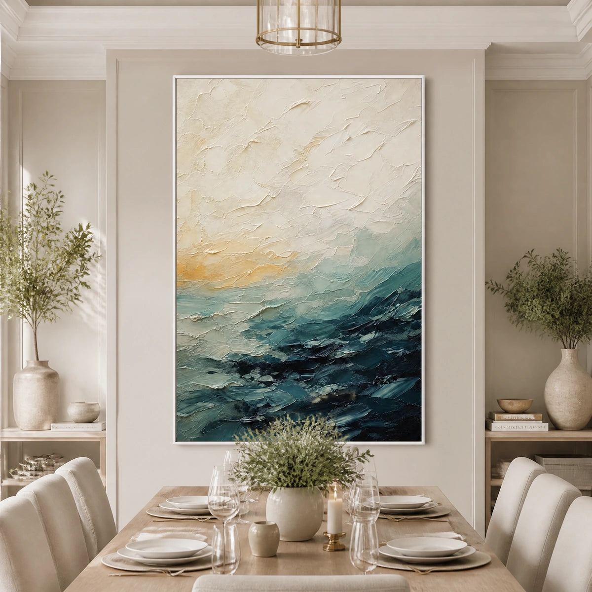 Deep Water Rise in a refined dining room with white frame