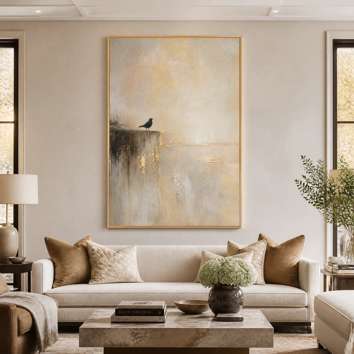 Edge Of Stillness in a refined living room with gold frame