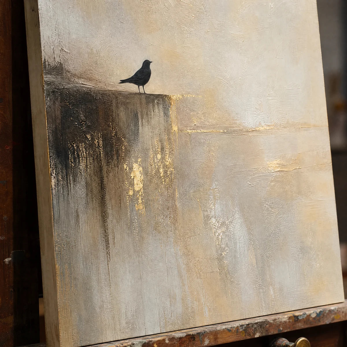 Close-up detail of Edge Of Stillness showing hand-painted texture and part of the frame