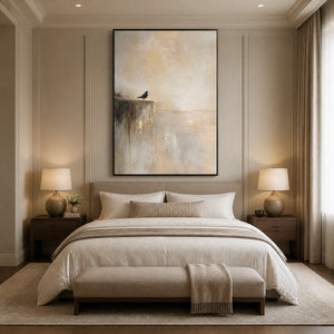 Edge Of Stillness in a refined bedroom with black frame