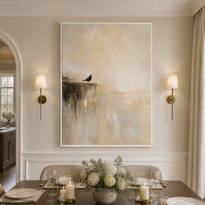 Edge Of Stillness in a refined dining room with white frame