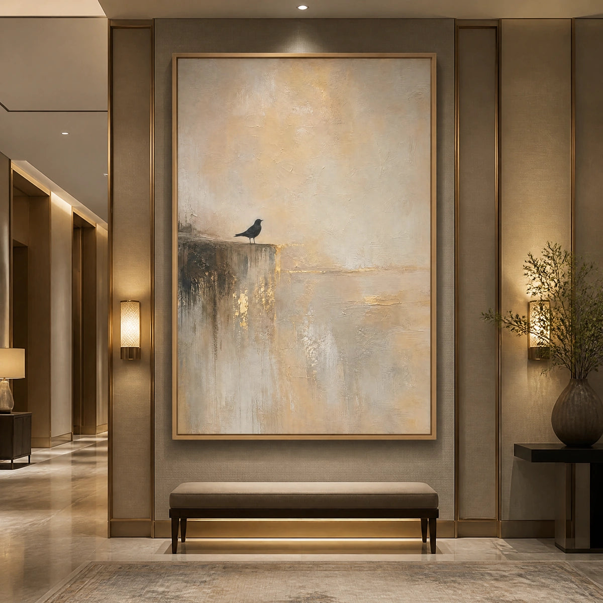 Edge Of Stillness in a refined hotel interior with wood frame