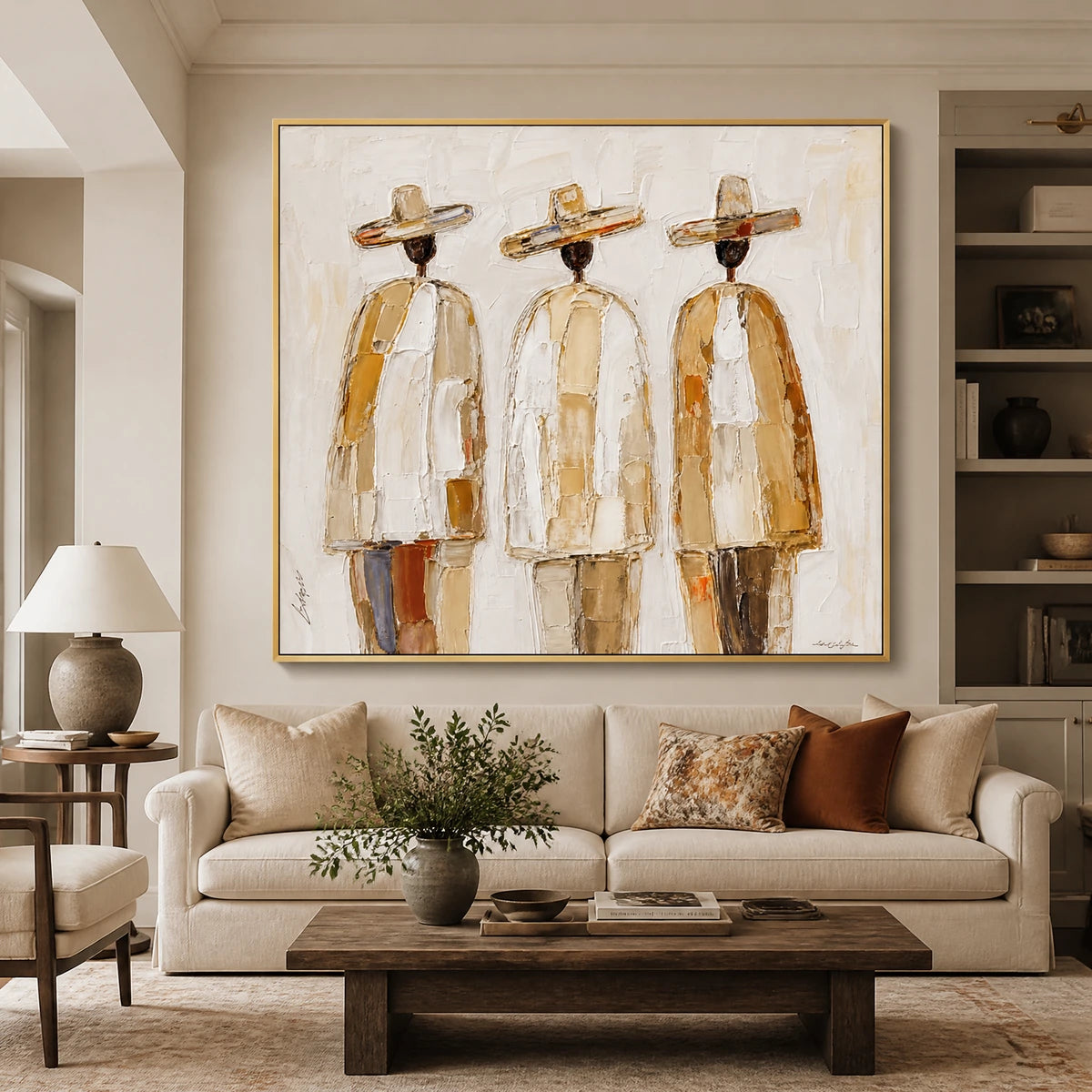 Three Silent Travelers in a refined living room with gold frame
