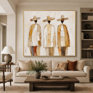 Three Silent Travelers in a refined living room with gold frame