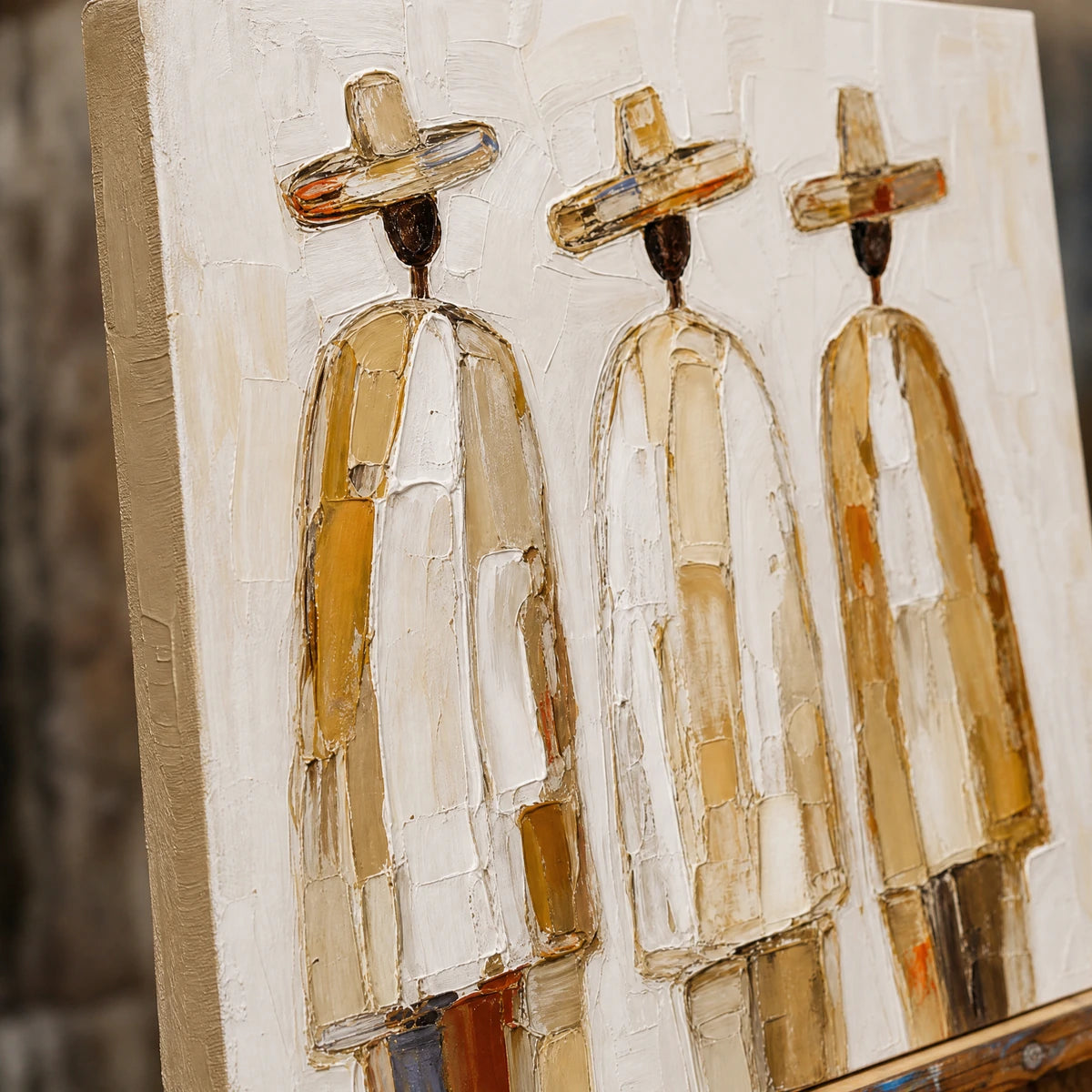 Close-up detail of Three Silent Travelers showing hand-painted texture and part of the frame