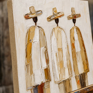 Close-up detail of Three Silent Travelers showing hand-painted texture and part of the frame