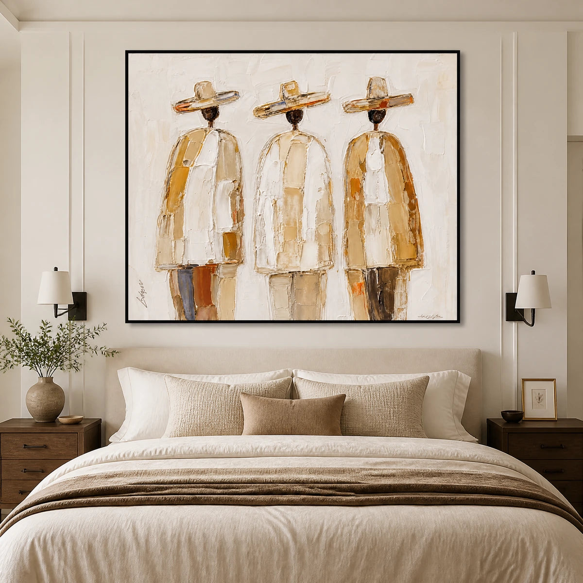 Three Silent Travelers in a refined bedroom with black frame