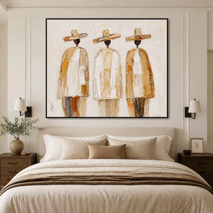 Three Silent Travelers in a refined bedroom with black frame