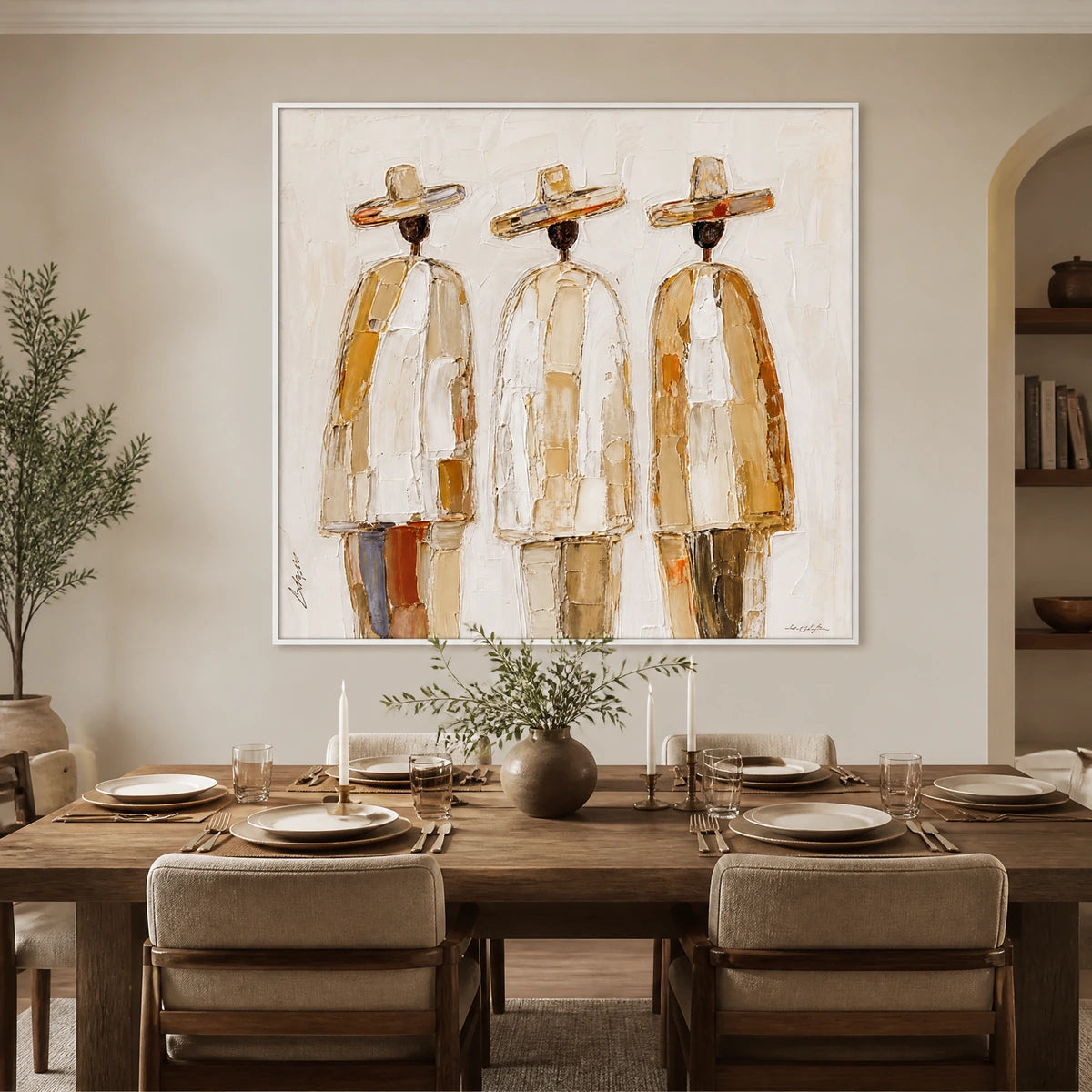 Three Silent Travelers in a refined dining room with white frame