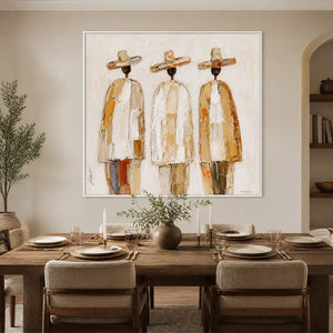 Three Silent Travelers in a refined dining room with white frame