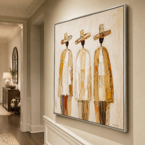 Three Silent Travelers in a refined entry hall with silver frame