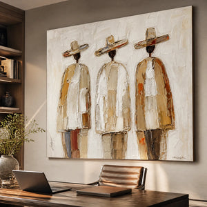 Three Silent Travelers in a refined office, frameless