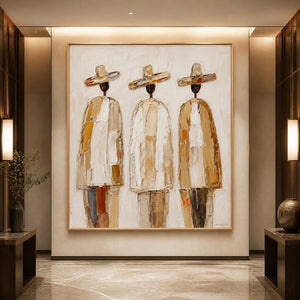 Three Silent Travelers in a refined hotel interior with wood frame