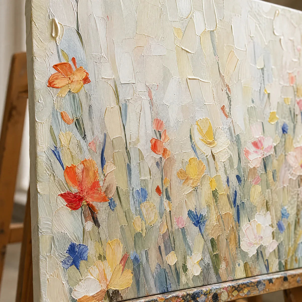 Close-up detail of Wildflower Veil showing hand-painted texture and part of the frame