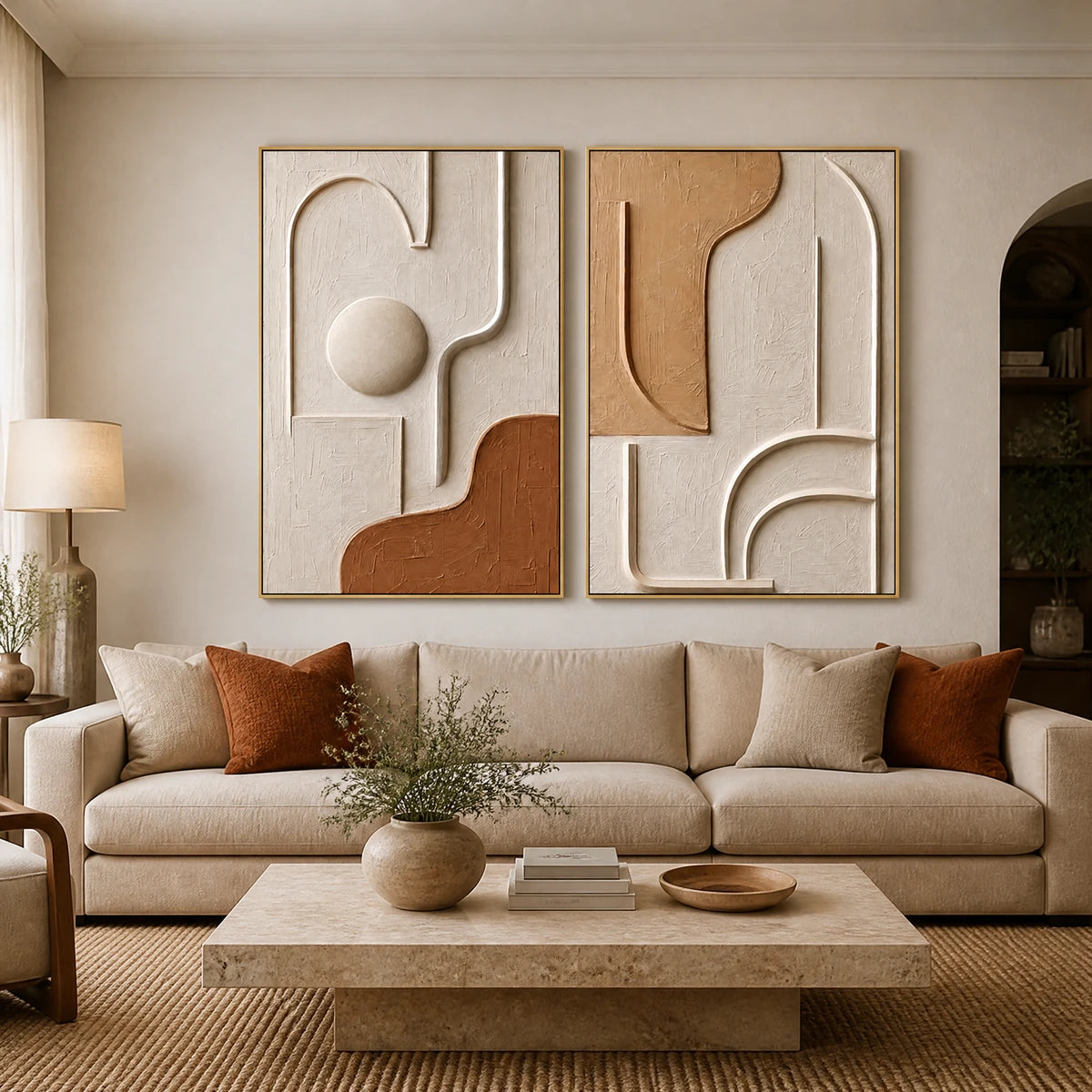 Modern Relief Pair in a refined living room with gold frame