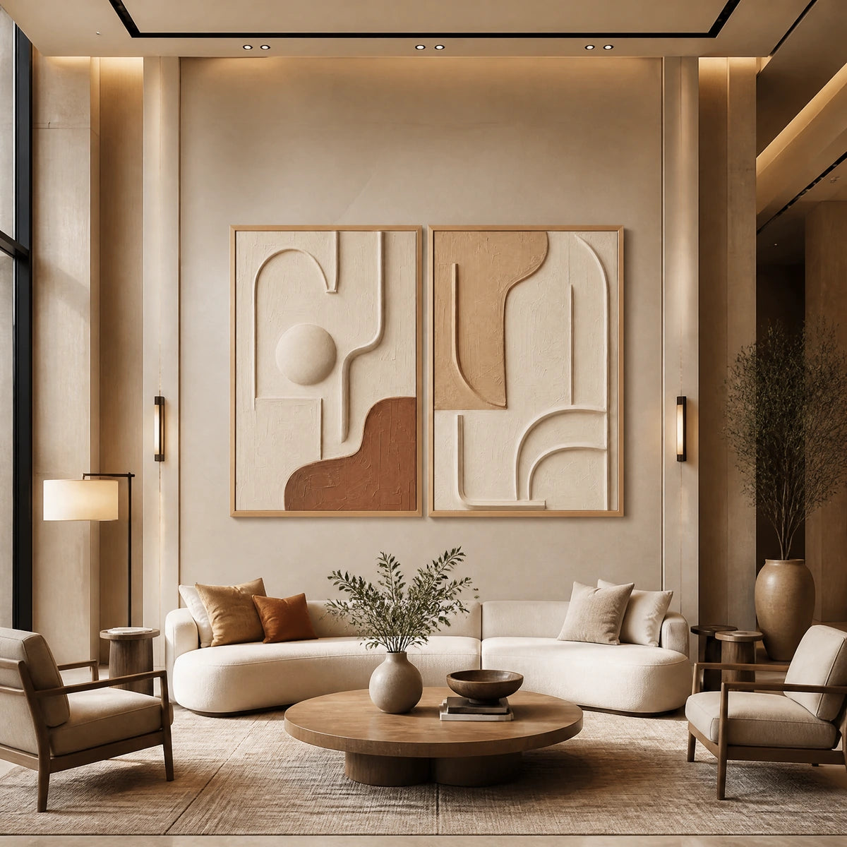 Modern Relief Pair in a refined hotel interior with wood frame
