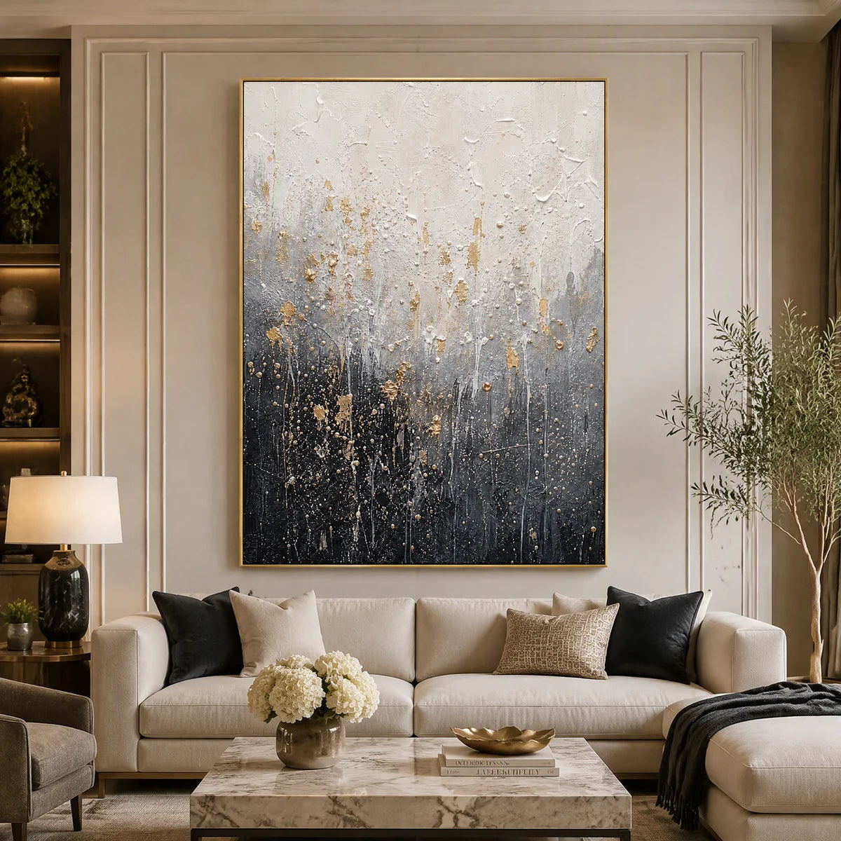 Golden Dust Descent in a refined living room with gold frame