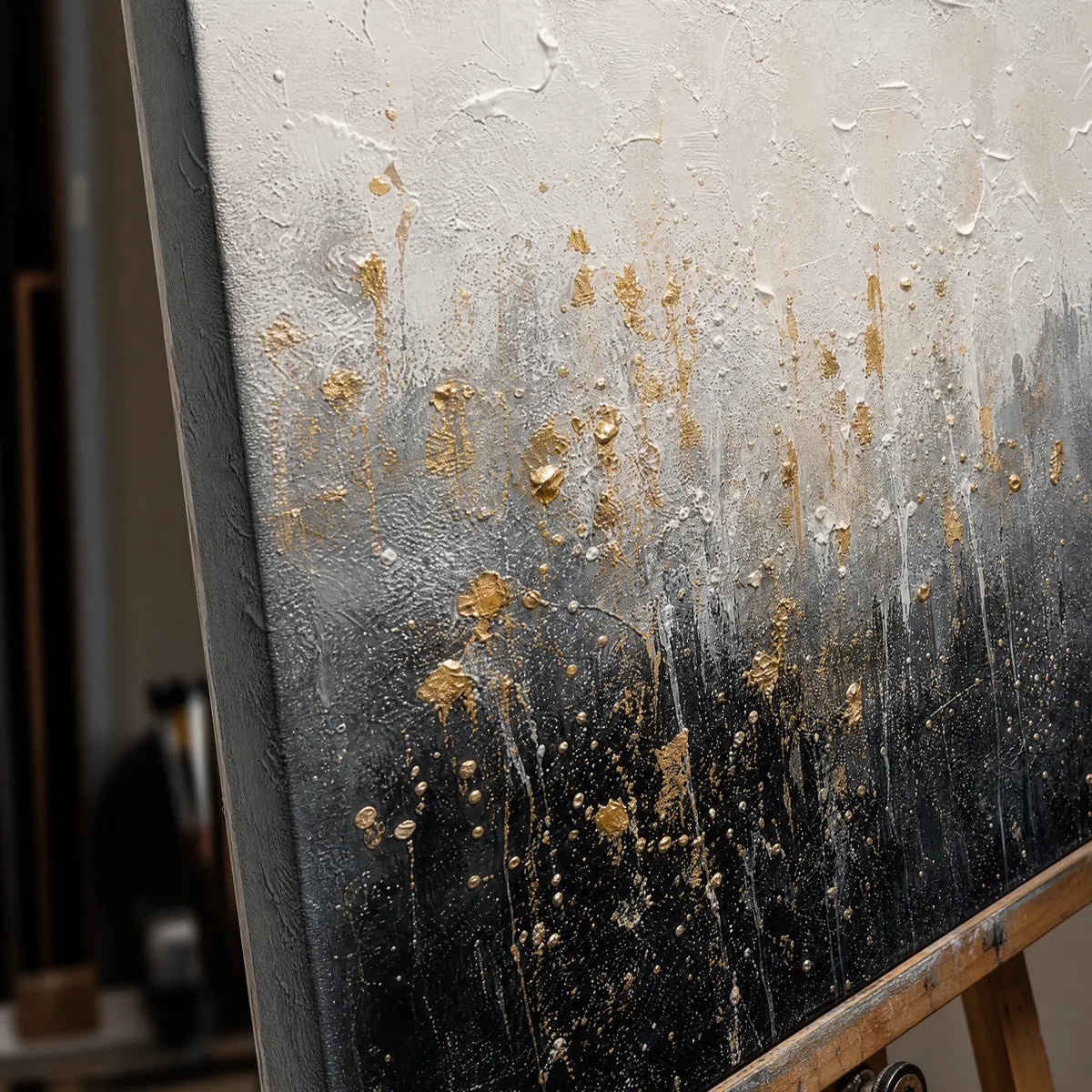 Close-up detail of Golden Dust Descent showing hand-painted texture and part of the frame