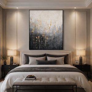 Golden Dust Descent in a refined bedroom with black frame