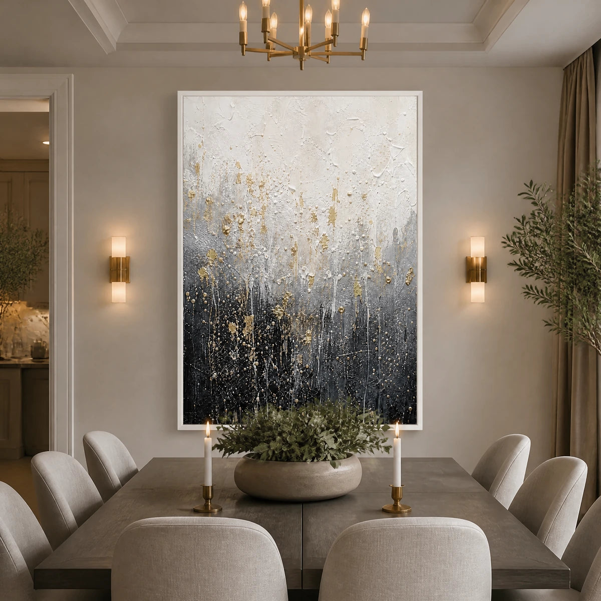Golden Dust Descent in a refined dining room with white frame